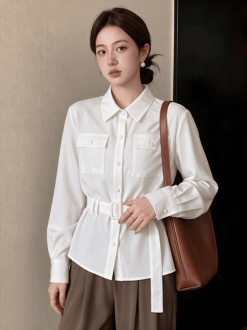 실사 빅 사이즈 가을 새로운 디자인 센스 POLO 칼라 레이스업 허리 수축 다용도 긴팔 여성 셔츠 상세 이미지 4