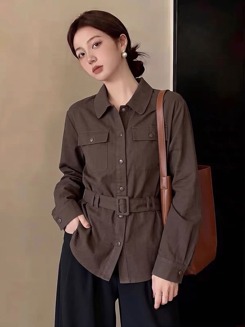 실사 빅 사이즈 가을 새로운 디자인 센스 POLO 칼라 레이스업 허리 수축 다용도 긴팔 여성 셔츠 상세 이미지 5
