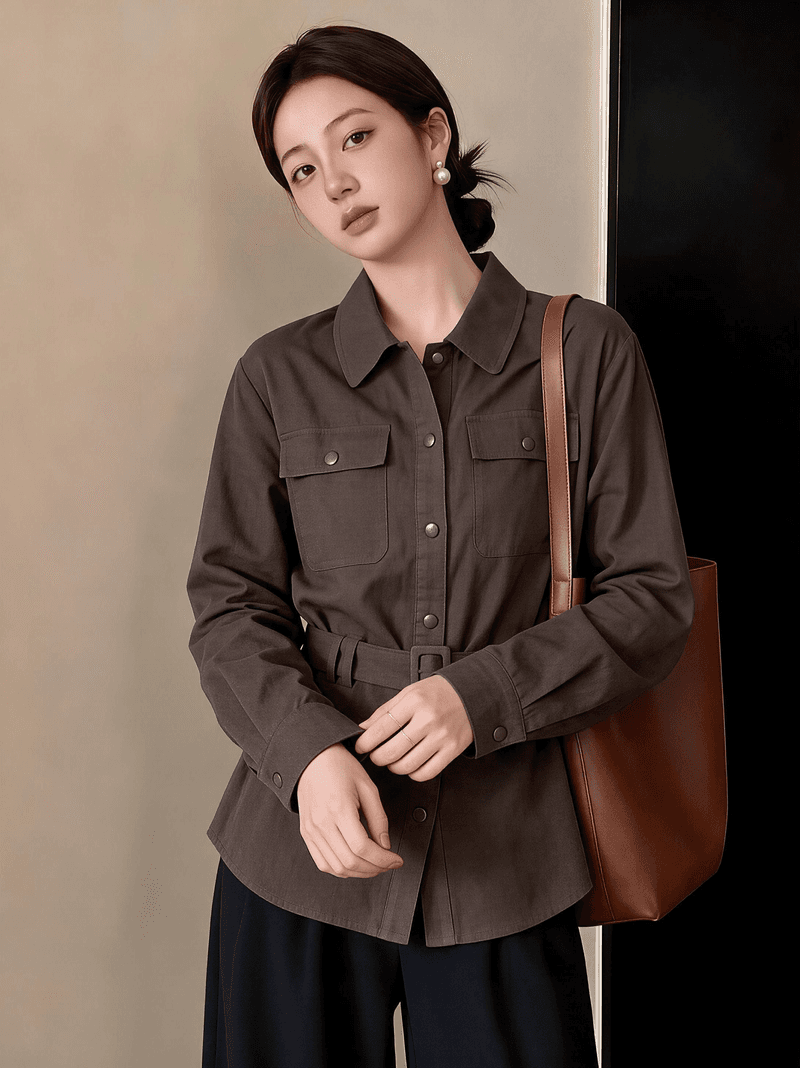 실사 빅 사이즈 가을 새로운 디자인 센스 POLO 칼라 레이스업 허리 수축 다용도 긴팔 여성 셔츠 상세 이미지 7