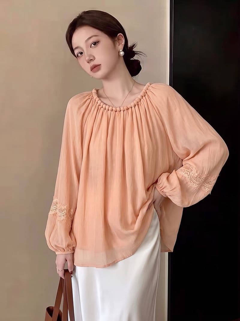 실사 빅 사이즈 가을 새로운 한 부서 품격 고급 센스 레이스 조각 비틀림 칼라 주간 실크 긴팔 작은 셔츠 상세 이미지 2