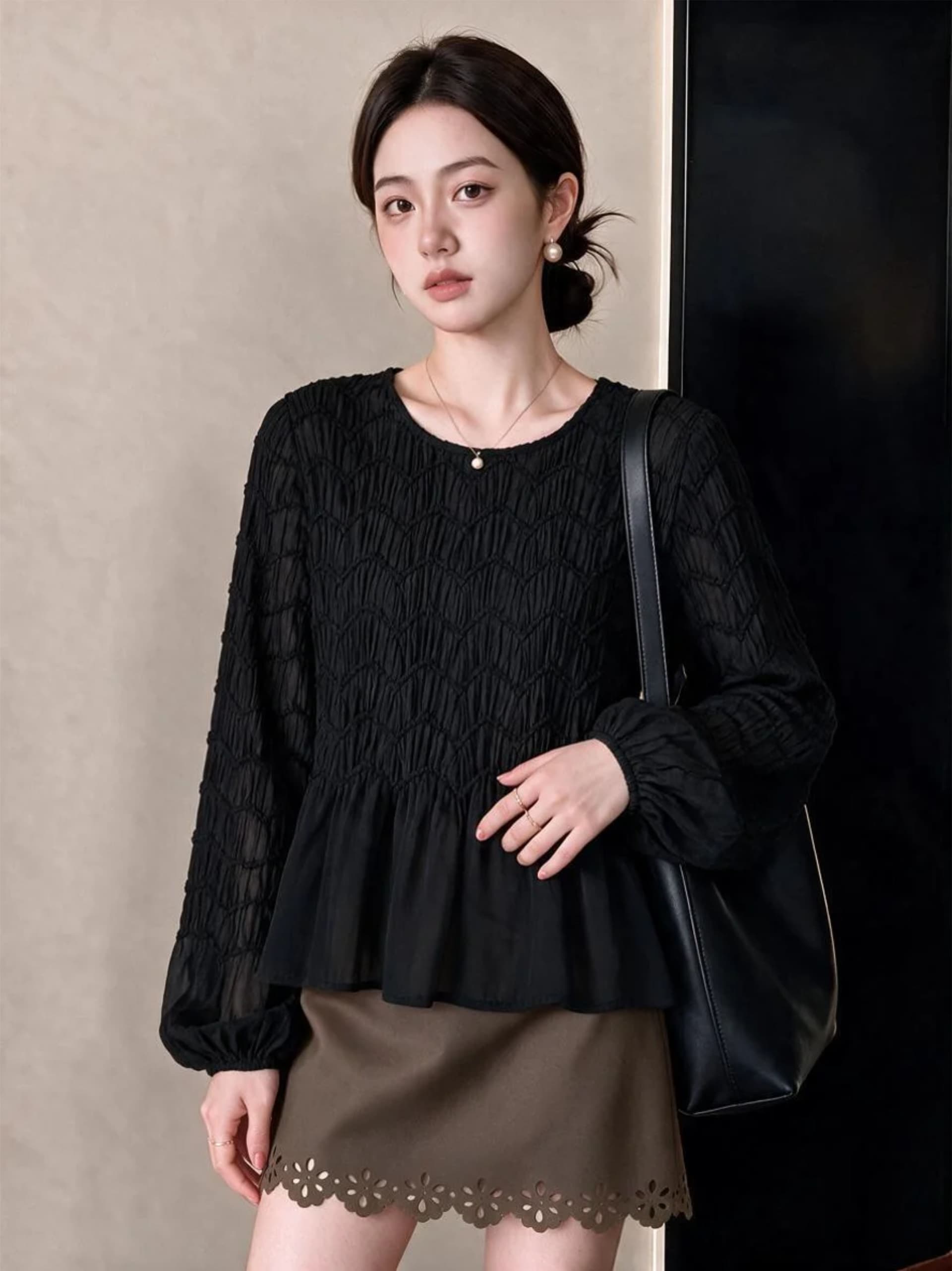 실사 가을 새로운 한 부서 품격 물결무늬 곡물 주름 프릴 루즈핏 슬림해 보이는 긴팔 맨위 여성 상세 이미지 2