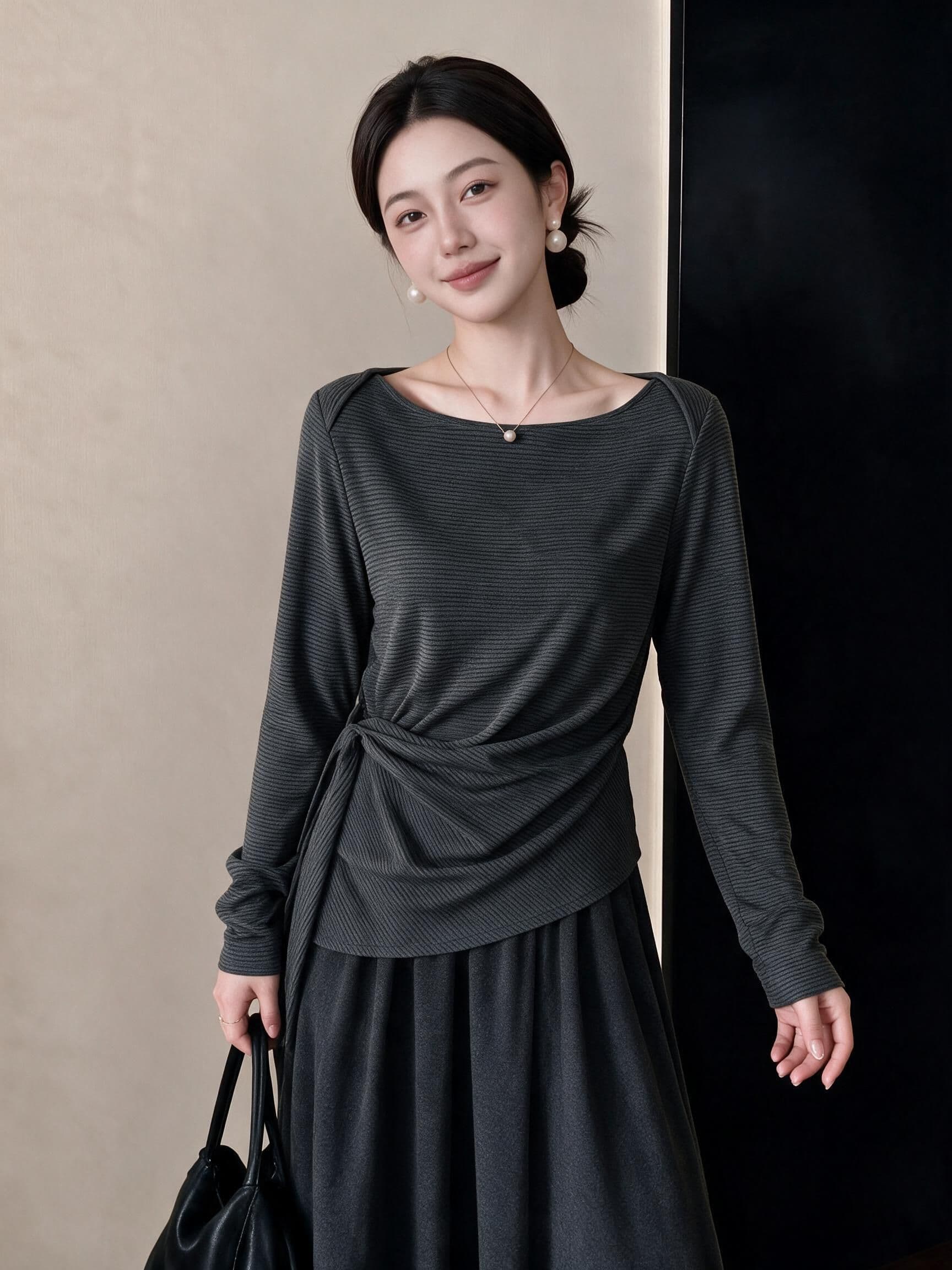 실사 빅 사이즈 가을 새로운 한 부서 보트넥 품격 비틀림 허리 수축 슬림해 보이는 다용도 길다 소매 위버 상세 이미지 4