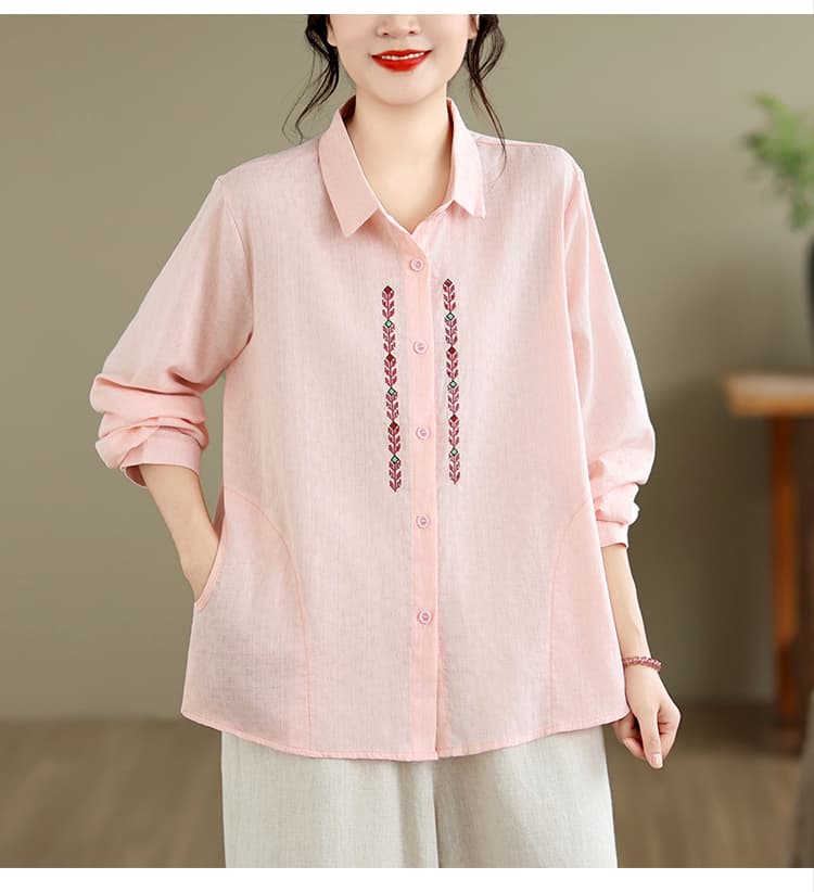 실사 엄마 봄 가을 면 린넨 셔츠 중노년 여성 외국 가스 폴로 칼라 루즈핏 긴팔 맨위 셔츠 재킷 상세 이미지 17
