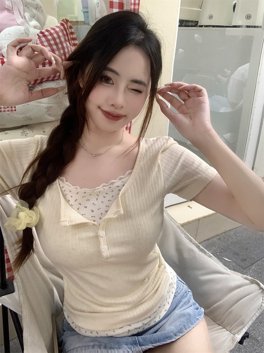 자카드 싸움 40 천 여름 드레스 레이스 꽃무늬 가짜 두 조각 반팔 여성 이미지 4