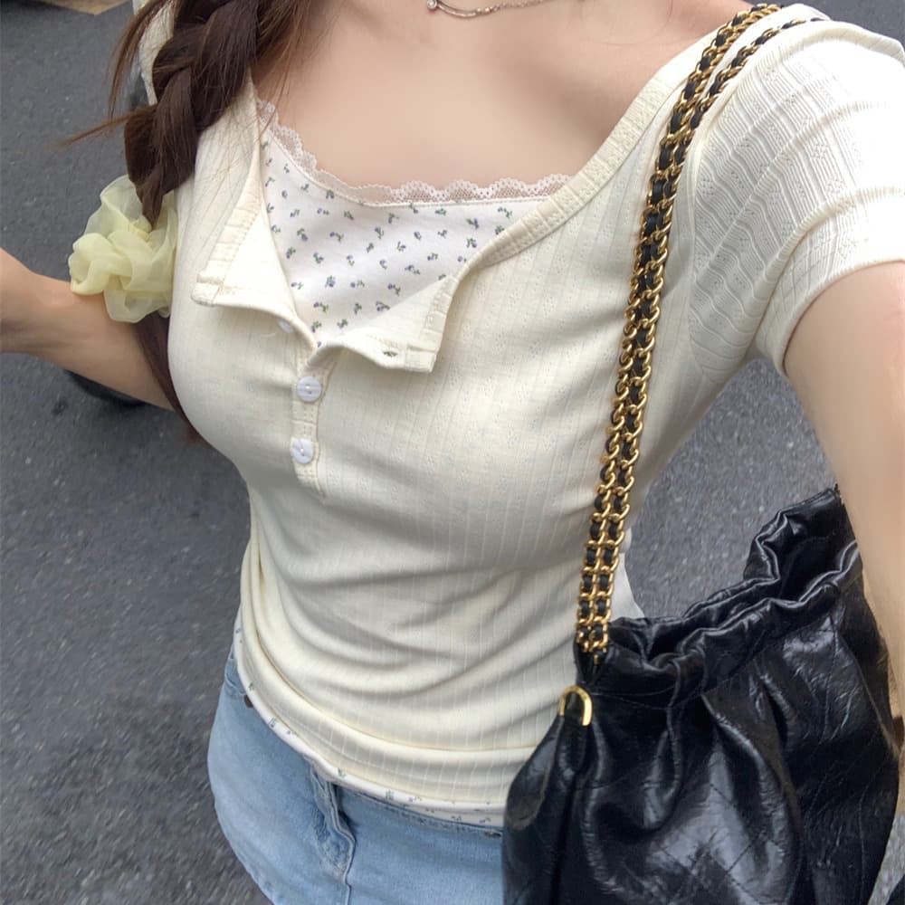 자카드 싸움 40 천 여름 드레스 레이스 꽃무늬 가짜 두 조각 반팔 여성 이미지 5