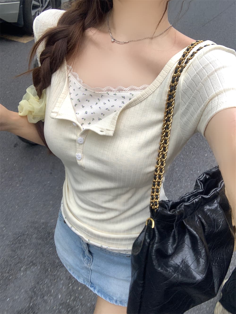 자카드 싸움 40 천 여름 드레스 레이스 꽃무늬 가짜 두 조각 반팔 여성 상세 이미지 4