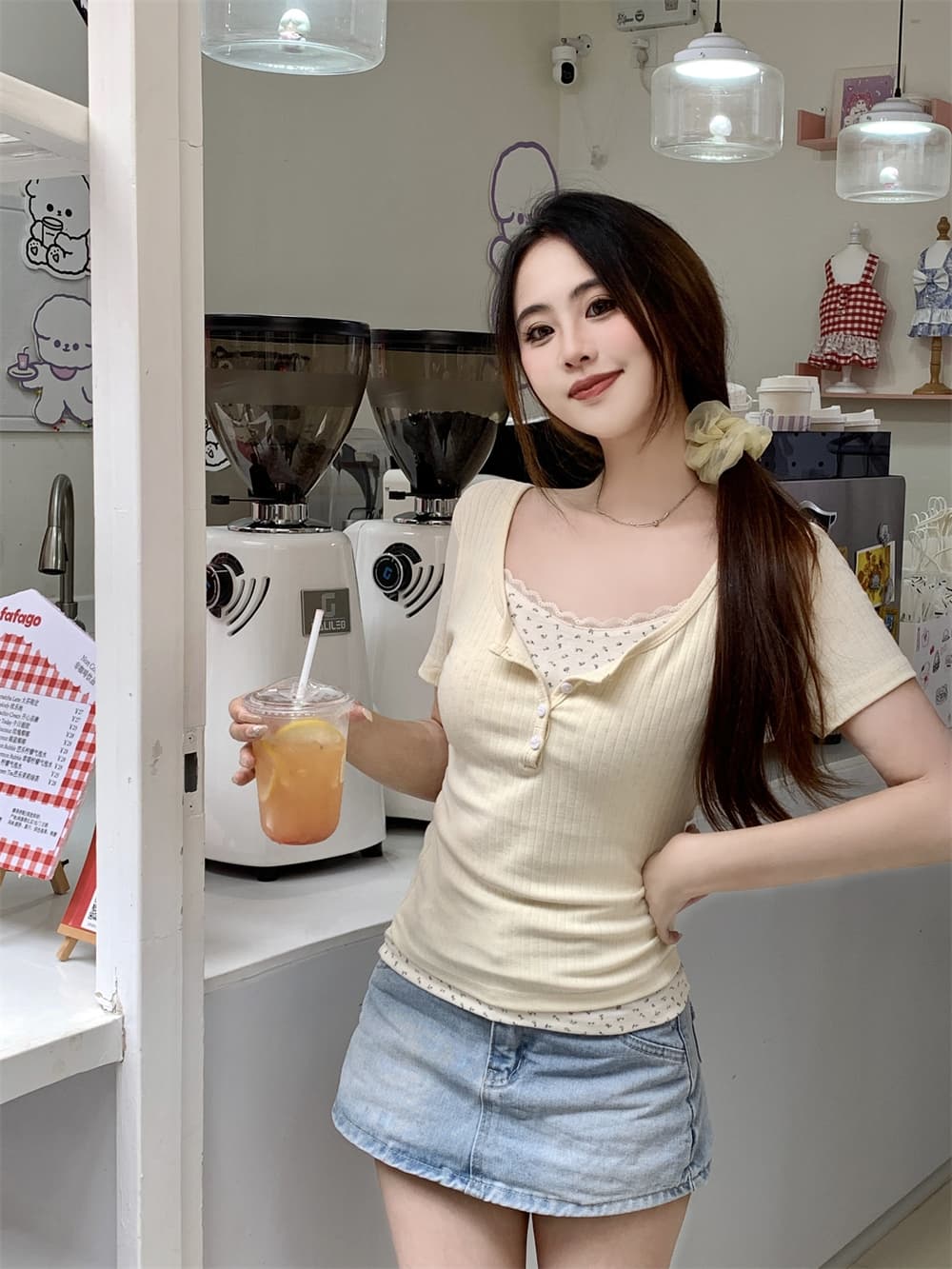 자카드 싸움 40 천 여름 드레스 레이스 꽃무늬 가짜 두 조각 반팔 여성 상세 이미지 11