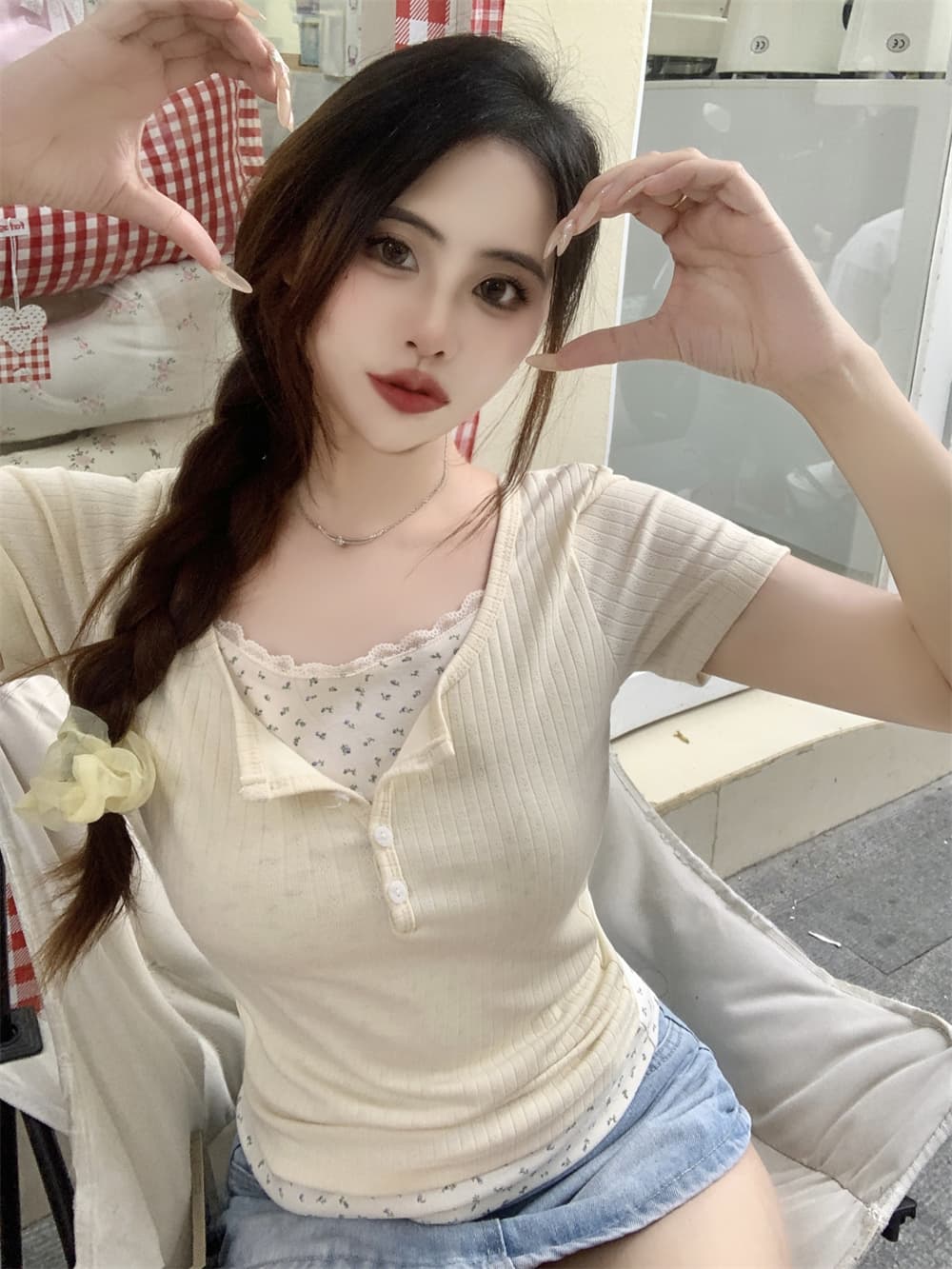 자카드 싸움 40 천 여름 드레스 레이스 꽃무늬 가짜 두 조각 반팔 여성 상세 이미지 12