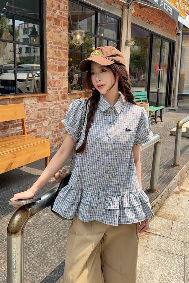 디자인 센스 자수 체크무늬 거품 소매 여성 셔츠 여름 새로운 Chic 달콤함 작은 대중 프릴 맨위