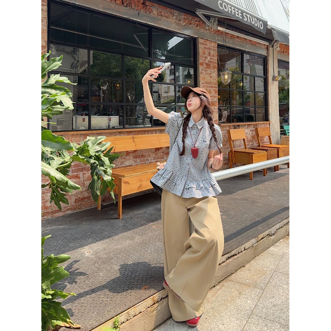 디자인 센스 자수 체크무늬 거품 소매 여성 셔츠 여름 새로운 Chic 달콤함 작은 대중 프릴 맨위 이미지 3
