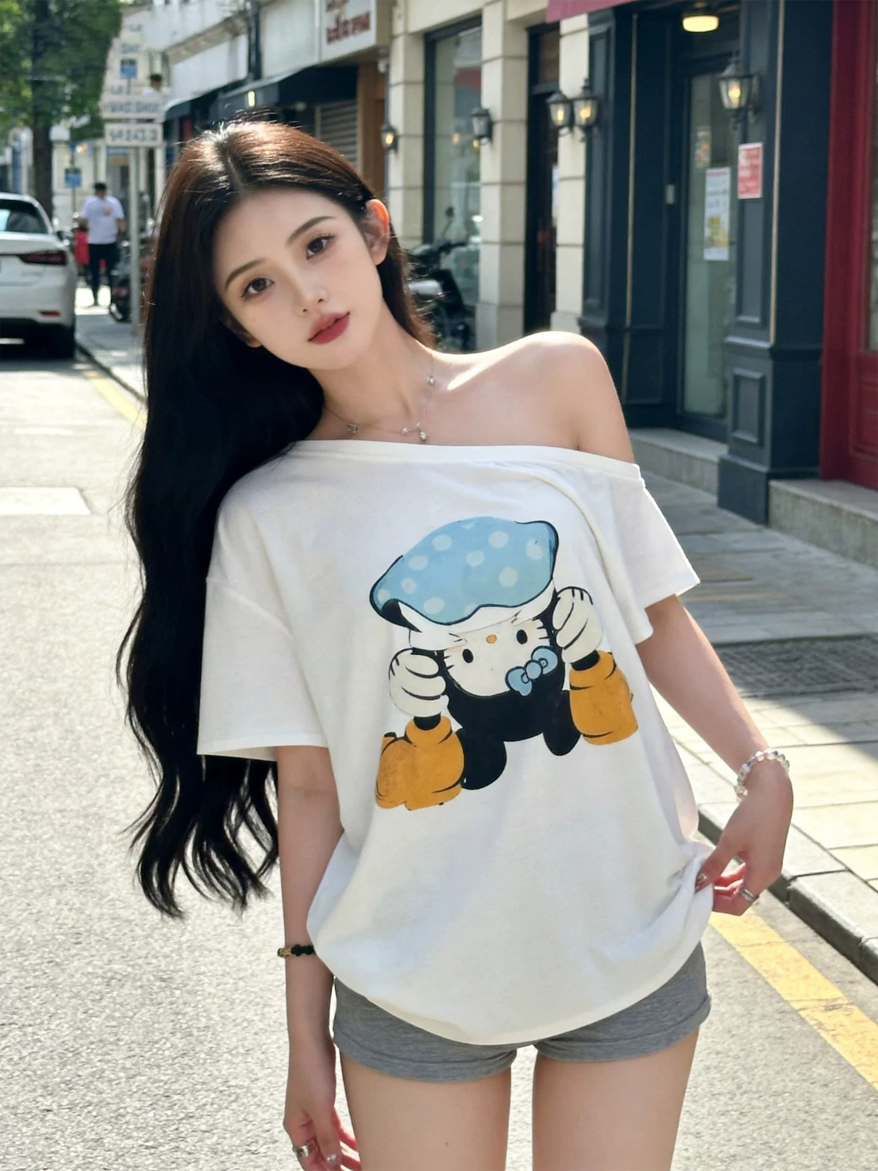 순면 92 면 8 암모니아 Lun 비스듬한 칼라 오프숄더 오프숄더 반팔 티셔츠 여성 프린트 상세 이미지 2
