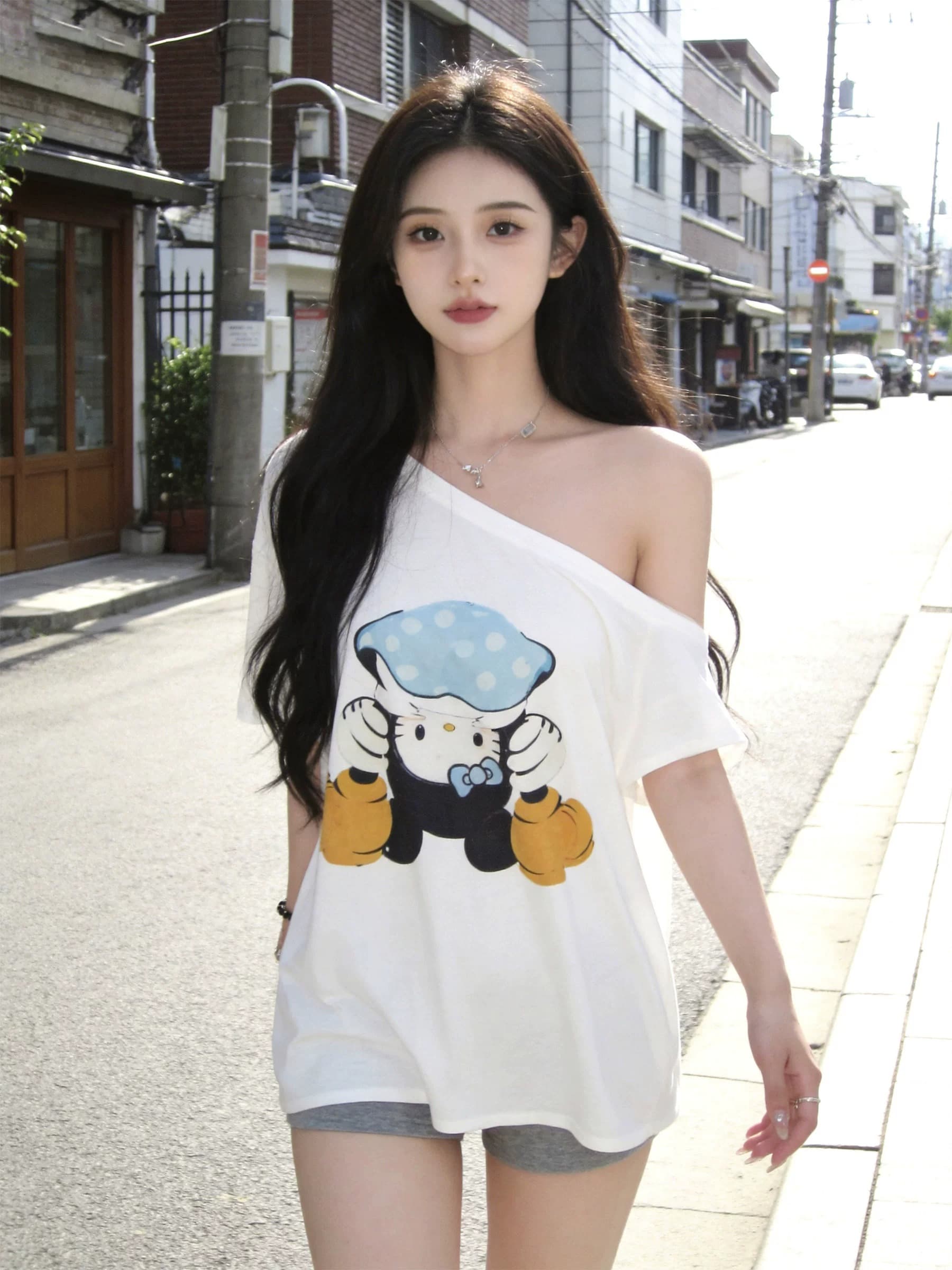 순면 92 면 8 암모니아 Lun 비스듬한 칼라 오프숄더 오프숄더 반팔 티셔츠 여성 프린트 상세 이미지 3