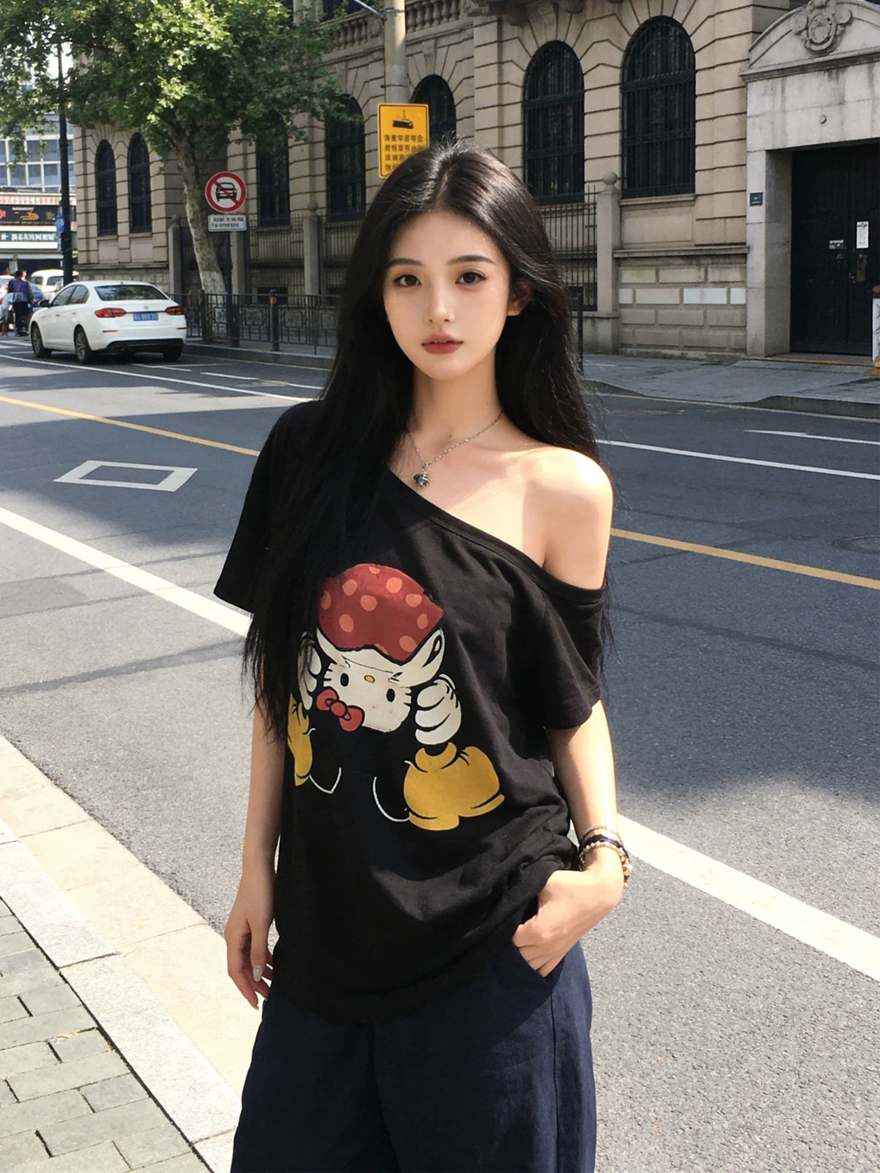 순면 92 면 8 암모니아 Lun 비스듬한 칼라 오프숄더 오프숄더 반팔 티셔츠 여성 프린트 상세 이미지 5