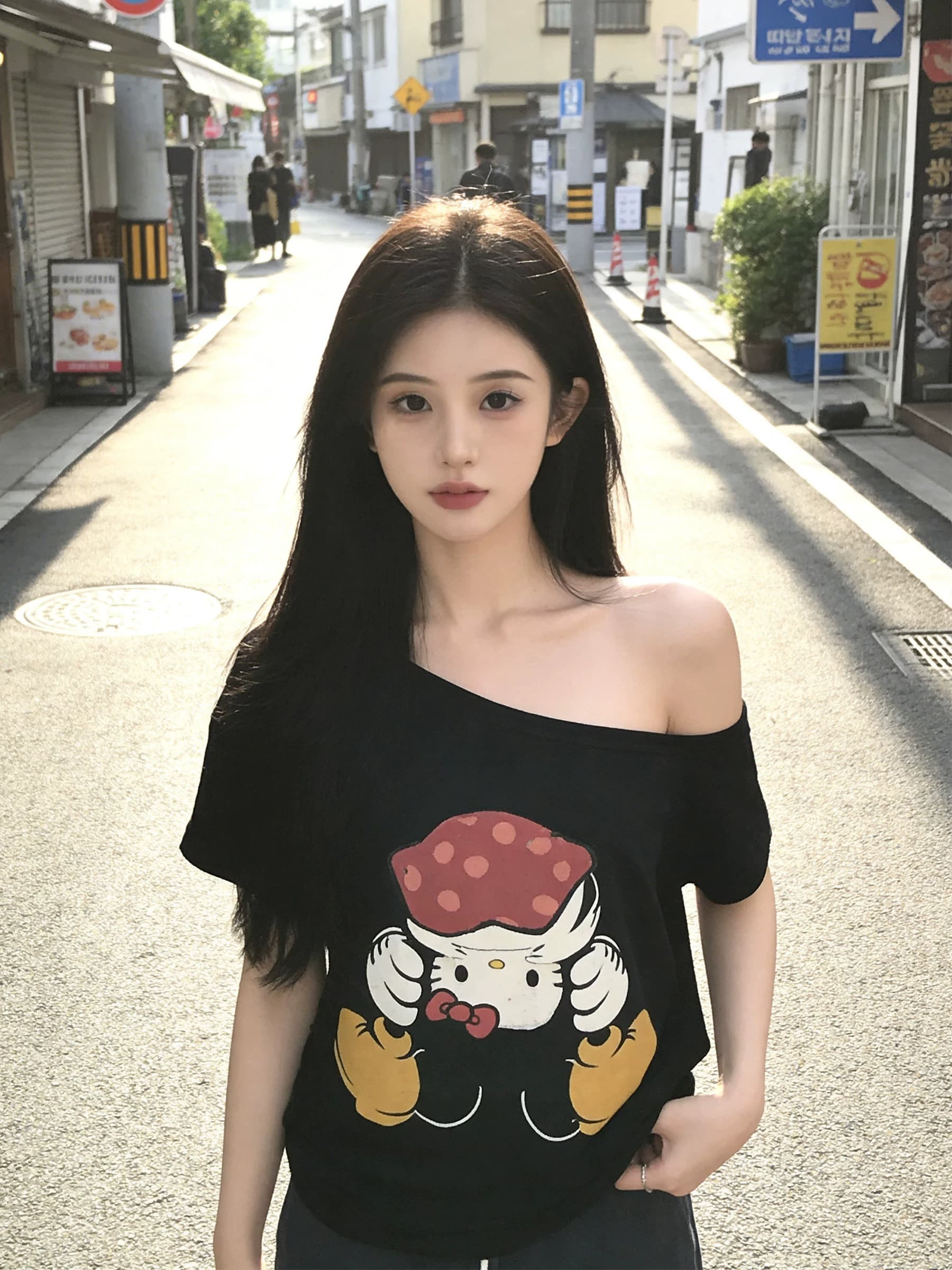순면 92 면 8 암모니아 Lun 비스듬한 칼라 오프숄더 오프숄더 반팔 티셔츠 여성 프린트 상세 이미지 6