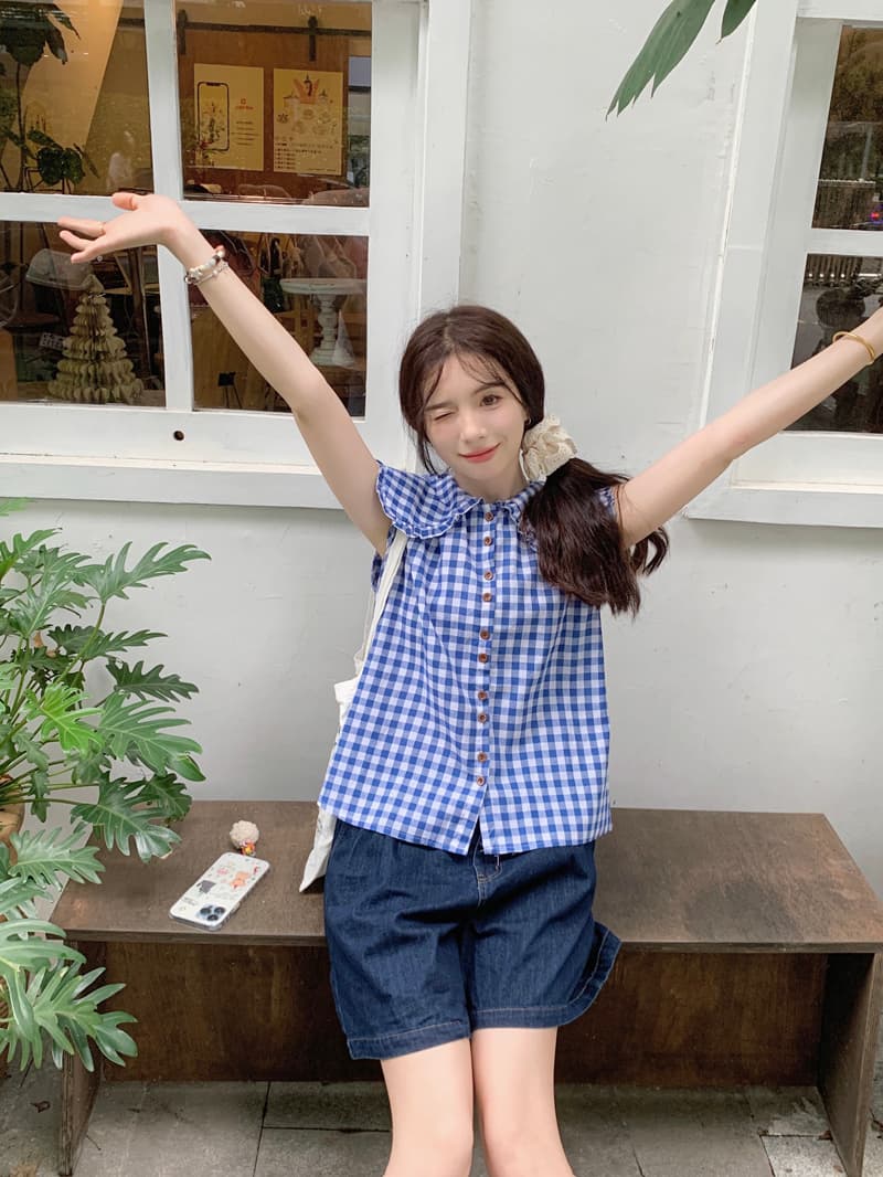 파란색 체크무늬 프릴 칼라 민소매 여성 셔츠 새로운 작은 대중 연령 감소 Chic 베이비 칼라 조끼 맨위 상세 이미지 3