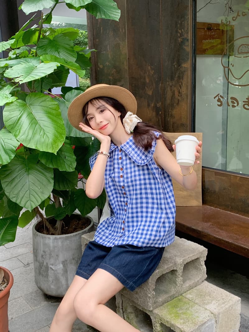 파란색 체크무늬 프릴 칼라 민소매 여성 셔츠 새로운 작은 대중 연령 감소 Chic 베이비 칼라 조끼 맨위 상세 이미지 15