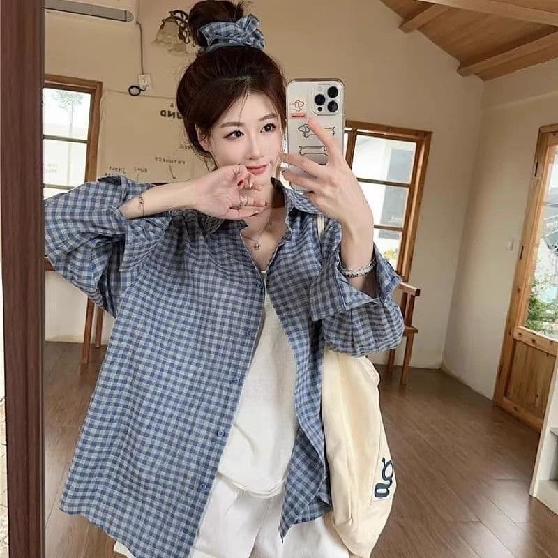 격자 무늬 셔츠 여성 코트 여름 새로운 달콤함 루즈핏 셔츠 긴팔 캐주얼 맨위 선물 헤드 플라워 상세 이미지 2
