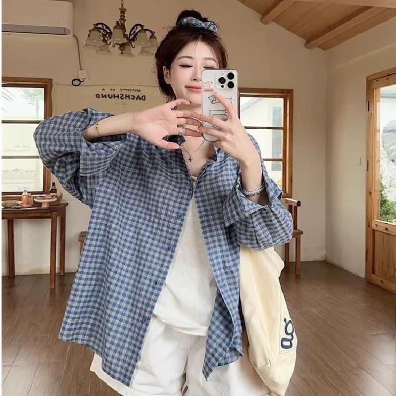 격자 무늬 셔츠 여성 코트 여름 새로운 달콤함 루즈핏 셔츠 긴팔 캐주얼 맨위 선물 헤드 플라워 상세 이미지 3