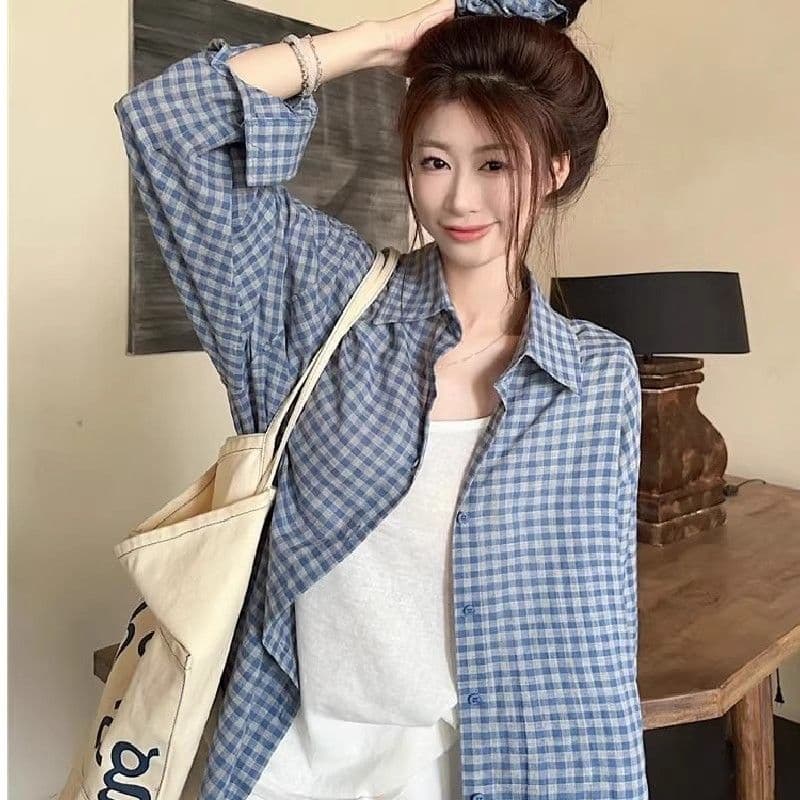 격자 무늬 셔츠 여성 코트 여름 새로운 달콤함 루즈핏 셔츠 긴팔 캐주얼 맨위 선물 헤드 플라워 상세 이미지 4