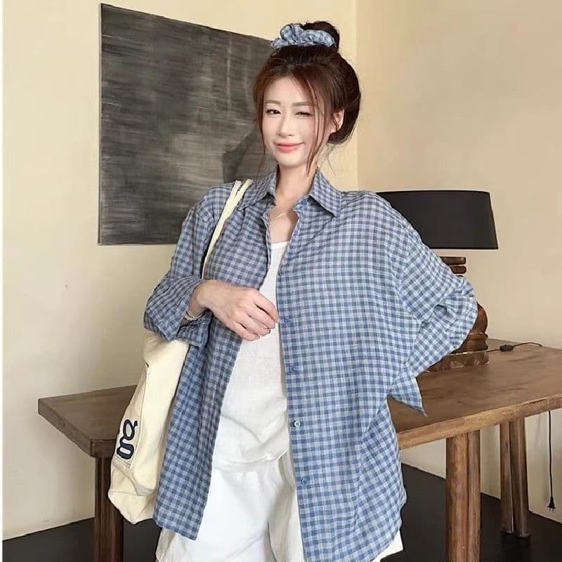 격자 무늬 셔츠 여성 코트 여름 새로운 달콤함 루즈핏 셔츠 긴팔 캐주얼 맨위 선물 헤드 플라워 상세 이미지 5