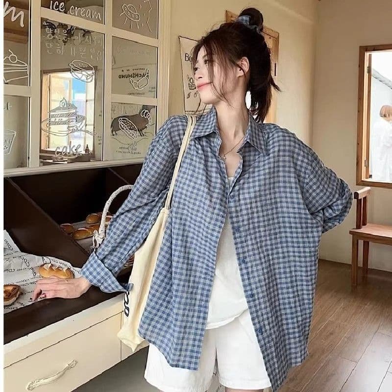 격자 무늬 셔츠 여성 코트 여름 새로운 달콤함 루즈핏 셔츠 긴팔 캐주얼 맨위 선물 헤드 플라워 상세 이미지 6