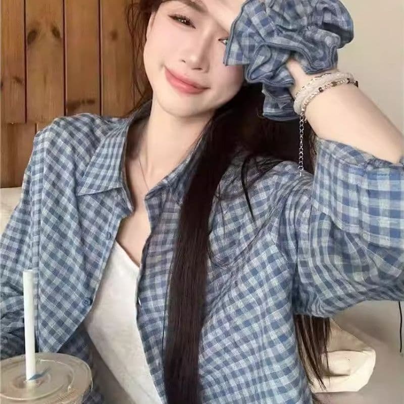 격자 무늬 셔츠 여성 코트 여름 새로운 달콤함 루즈핏 셔츠 긴팔 캐주얼 맨위 선물 헤드 플라워 상세 이미지 11