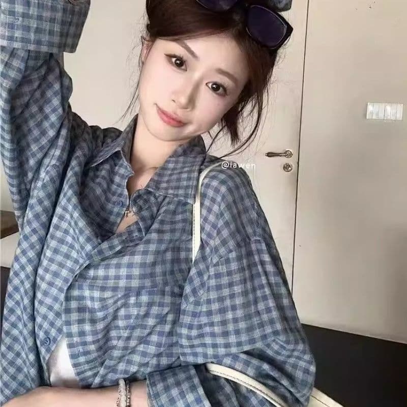 격자 무늬 셔츠 여성 코트 여름 새로운 달콤함 루즈핏 셔츠 긴팔 캐주얼 맨위 선물 헤드 플라워 상세 이미지 12