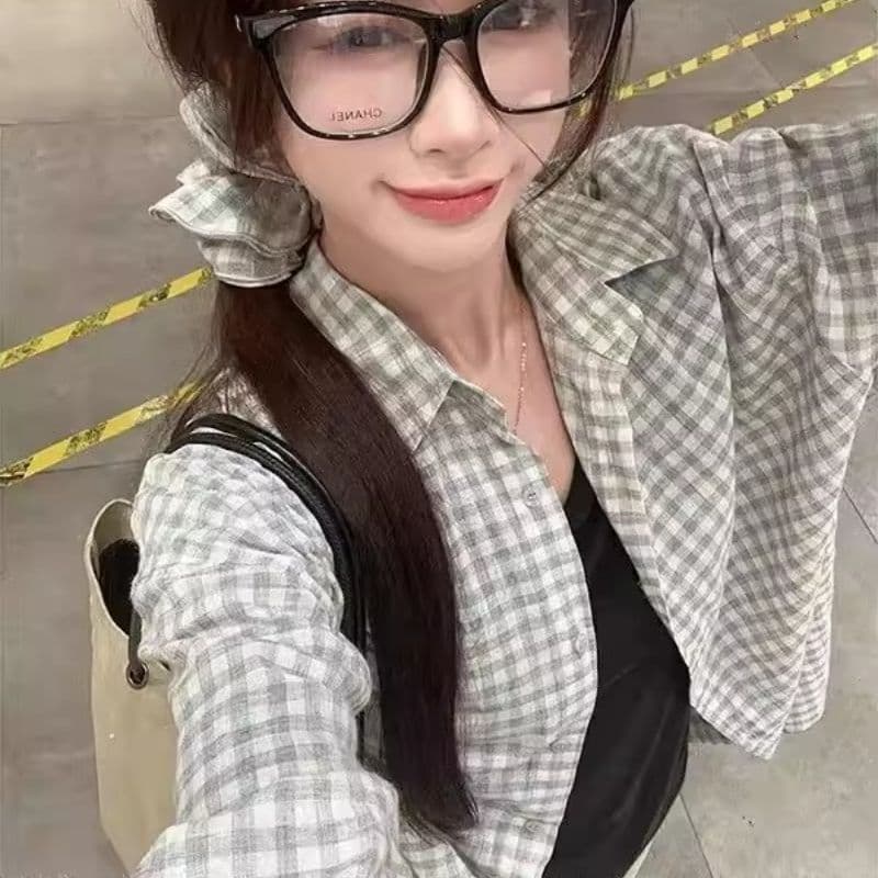 격자 무늬 셔츠 여성 코트 여름 새로운 달콤함 루즈핏 셔츠 긴팔 캐주얼 맨위 선물 헤드 플라워 상세 이미지 13