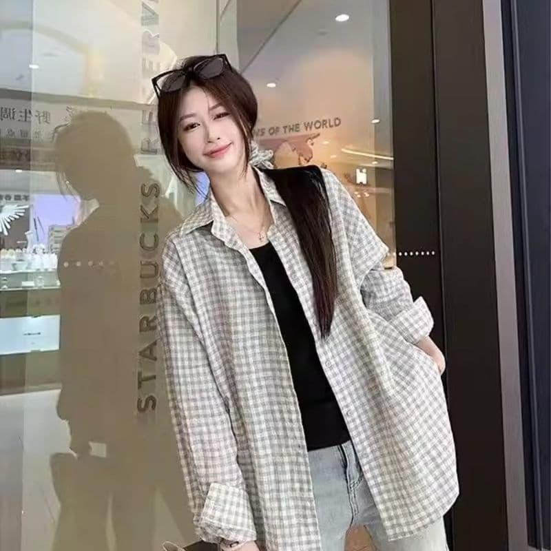 격자 무늬 셔츠 여성 코트 여름 새로운 달콤함 루즈핏 셔츠 긴팔 캐주얼 맨위 선물 헤드 플라워 상세 이미지 14