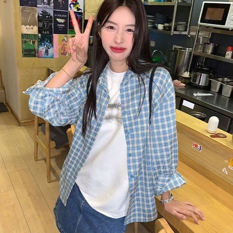 한 부서 배색 체크무늬 긴팔 셔츠 가을 새로운 레트로 루즈핏 느긋한 바람 맨위 오픈 가디건 여성 코트 chic 상세 이미지 3