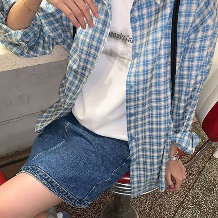 한 부서 배색 체크무늬 긴팔 셔츠 가을 새로운 레트로 루즈핏 느긋한 바람 맨위 오픈 가디건 여성 코트 chic 상세 이미지 4