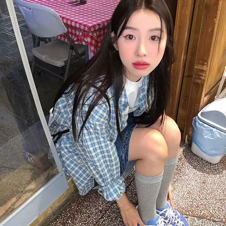 한 부서 배색 체크무늬 긴팔 셔츠 가을 새로운 레트로 루즈핏 느긋한 바람 맨위 오픈 가디건 여성 코트 chic 상세 이미지 5