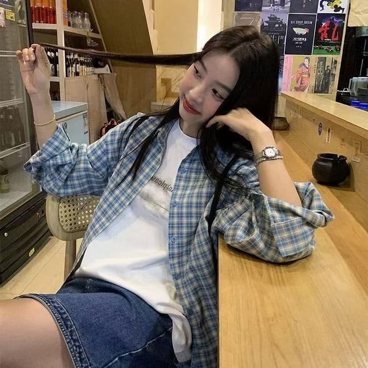 한 부서 배색 체크무늬 긴팔 셔츠 가을 새로운 레트로 루즈핏 느긋한 바람 맨위 오픈 가디건 여성 코트 chic 상세 이미지 8