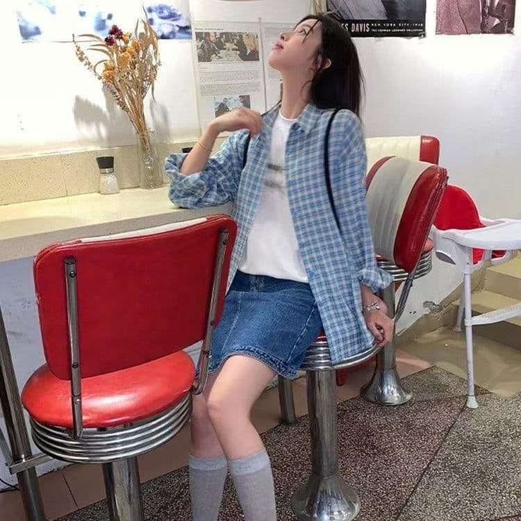 한 부서 배색 체크무늬 긴팔 셔츠 가을 새로운 레트로 루즈핏 느긋한 바람 맨위 오픈 가디건 여성 코트 chic 상세 이미지 9