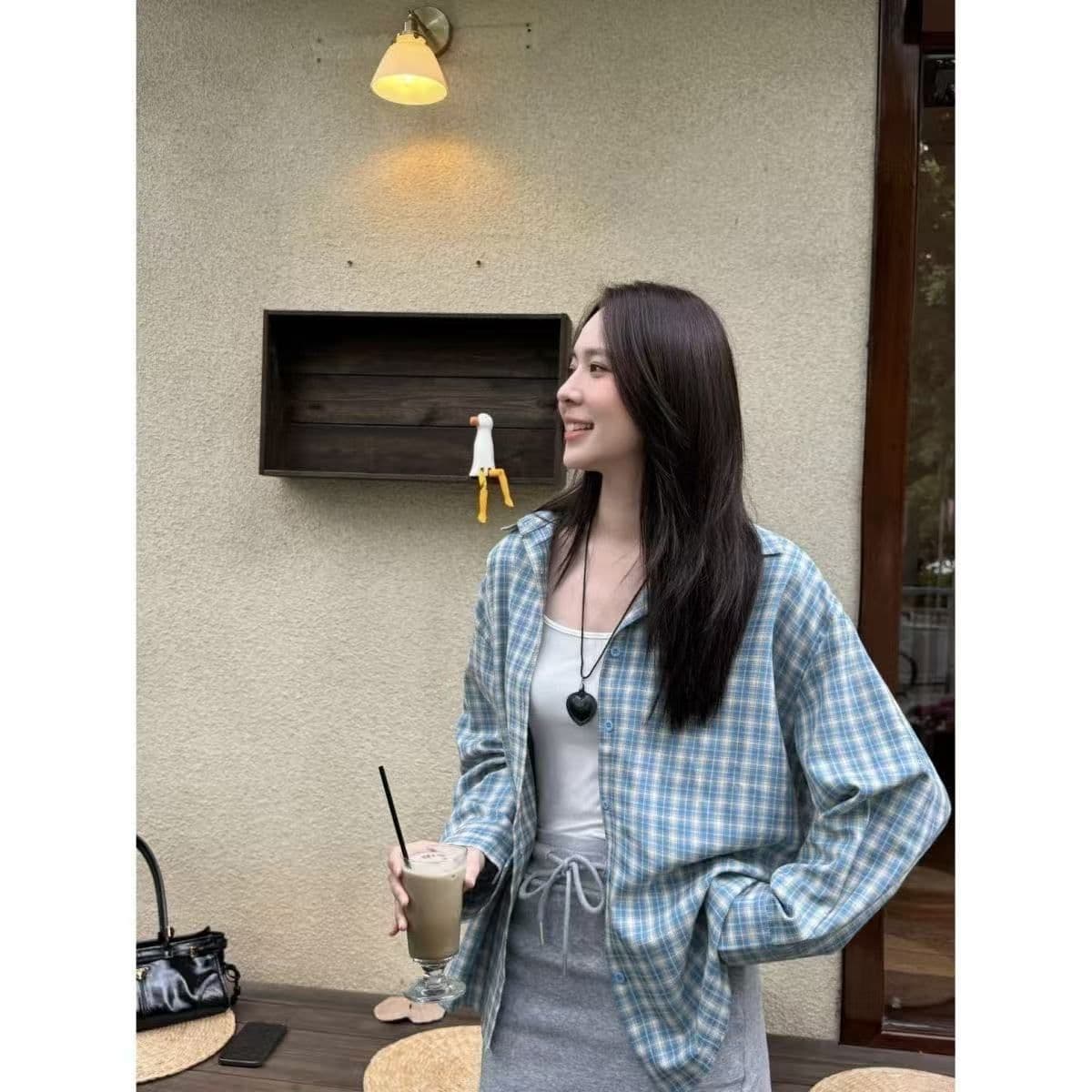 한 부서 배색 체크무늬 긴팔 셔츠 가을 새로운 레트로 루즈핏 느긋한 바람 맨위 오픈 가디건 여성 코트 chic 상세 이미지 10