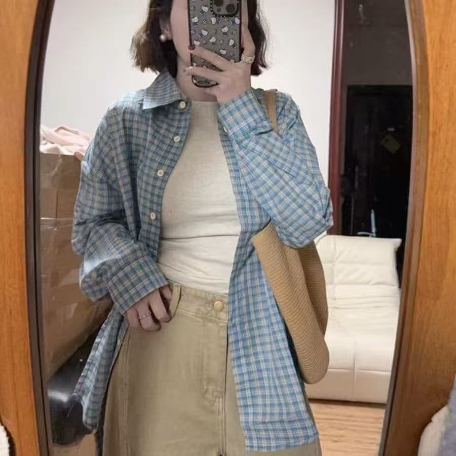 한 부서 배색 체크무늬 긴팔 셔츠 가을 새로운 레트로 루즈핏 느긋한 바람 맨위 오픈 가디건 여성 코트 chic 상세 이미지 23
