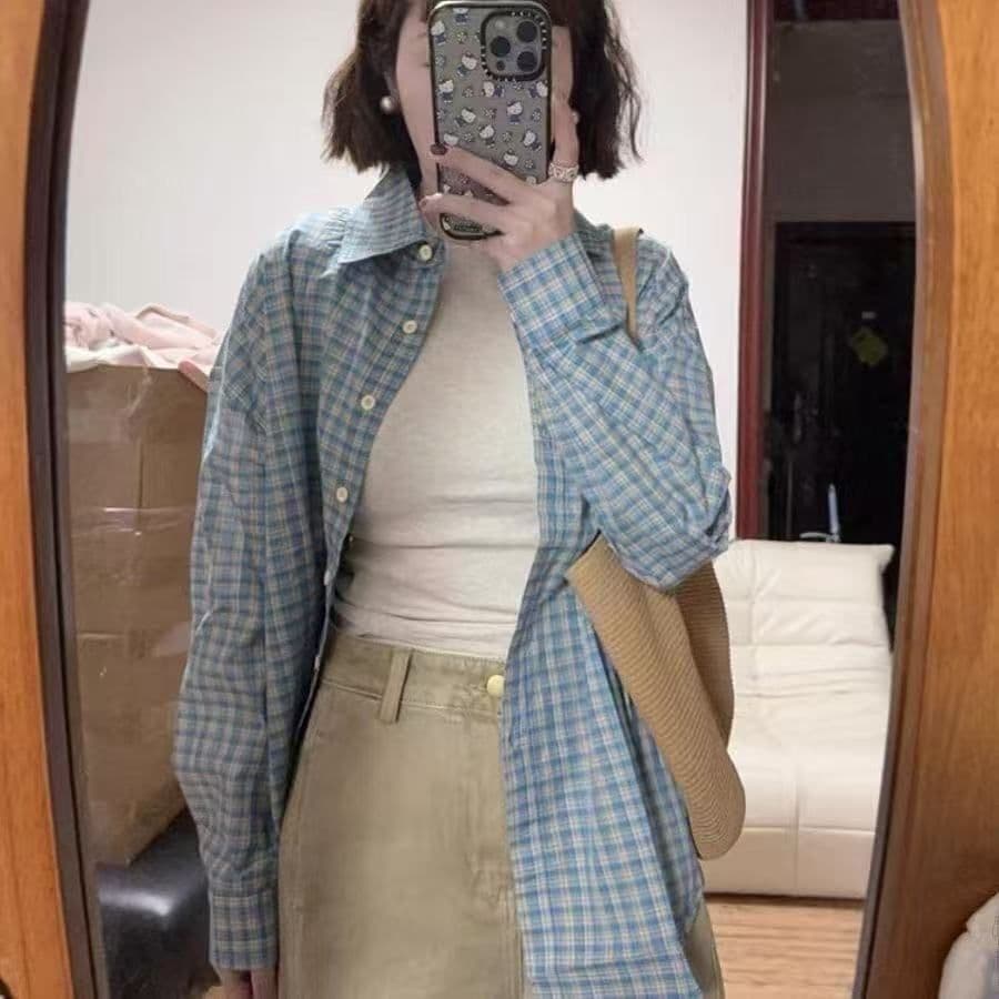 한 부서 배색 체크무늬 긴팔 셔츠 가을 새로운 레트로 루즈핏 느긋한 바람 맨위 오픈 가디건 여성 코트 chic 상세 이미지 25