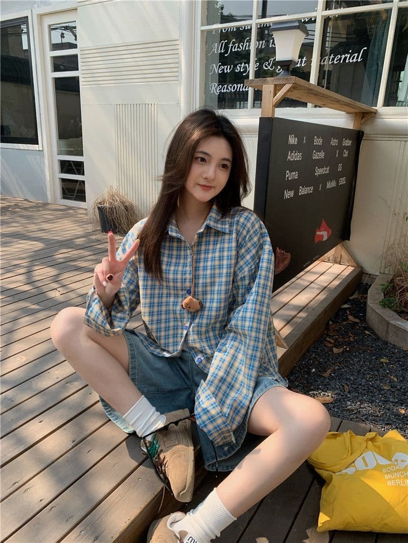 한 부서 배색 체크무늬 긴팔 셔츠 가을 새로운 레트로 루즈핏 느긋한 바람 맨위 오픈 가디건 여성 코트 chic 상세 이미지 30