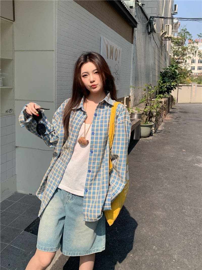 한 부서 배색 체크무늬 긴팔 셔츠 가을 새로운 레트로 루즈핏 느긋한 바람 맨위 오픈 가디건 여성 코트 chic 상세 이미지 31