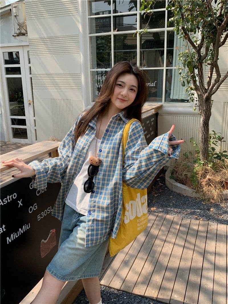 한 부서 배색 체크무늬 긴팔 셔츠 가을 새로운 레트로 루즈핏 느긋한 바람 맨위 오픈 가디건 여성 코트 chic 상세 이미지 32