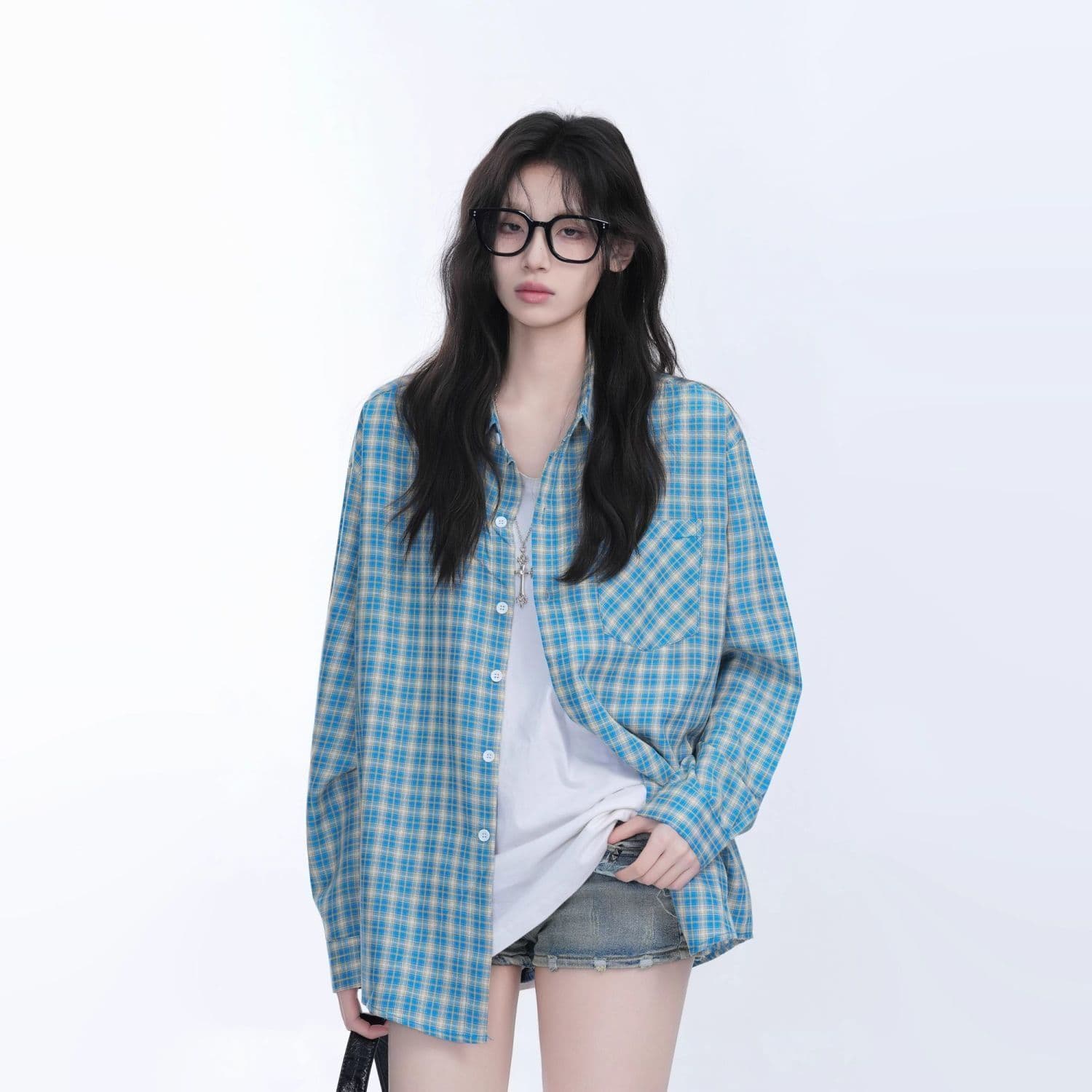 한 부서 배색 체크무늬 긴팔 셔츠 가을 새로운 레트로 루즈핏 느긋한 바람 맨위 오픈 가디건 여성 코트 chic 상세 이미지 35