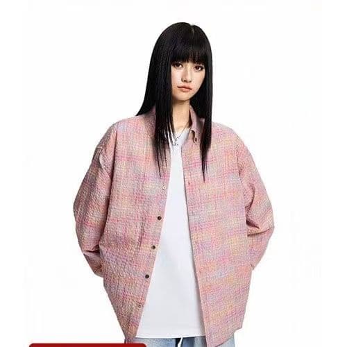 레트로 핑크색 체크무늬 소녀 센스 셔츠 여성 코트 봄 가을 캐주얼 한 부서 chic 홍콩 느낌 맨위 재킷 상세 이미지 2
