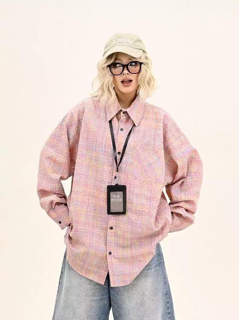 레트로 핑크색 체크무늬 소녀 센스 셔츠 여성 코트 봄 가을 캐주얼 한 부서 chic 홍콩 느낌 맨위 재킷 상세 이미지 9