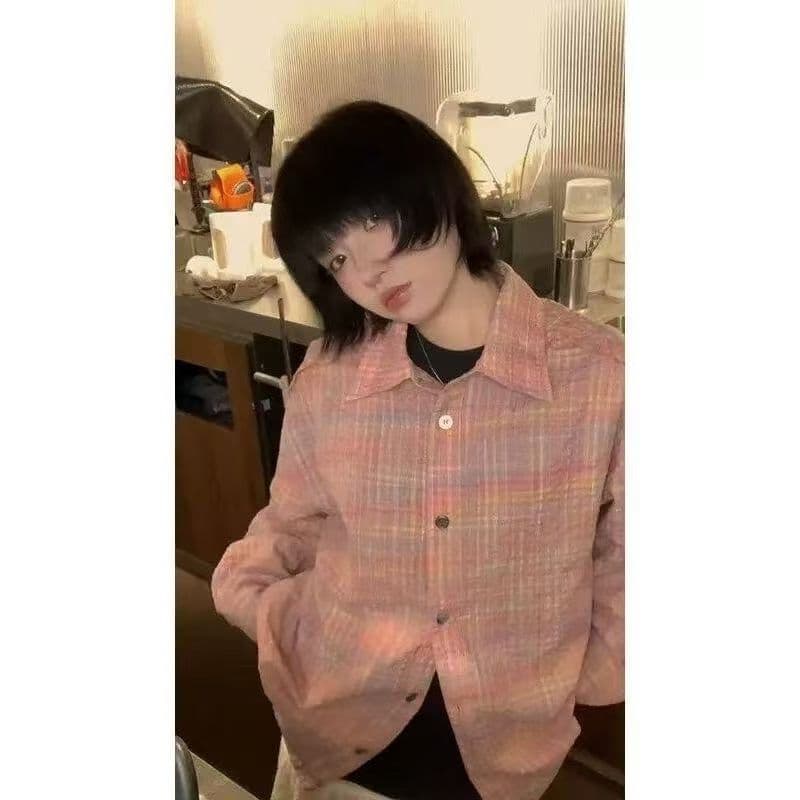 레트로 핑크색 체크무늬 소녀 센스 셔츠 여성 코트 봄 가을 캐주얼 한 부서 chic 홍콩 느낌 맨위 재킷 상세 이미지 24