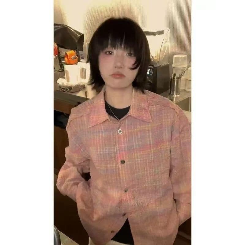 레트로 핑크색 체크무늬 소녀 센스 셔츠 여성 코트 봄 가을 캐주얼 한 부서 chic 홍콩 느낌 맨위 재킷 상세 이미지 25
