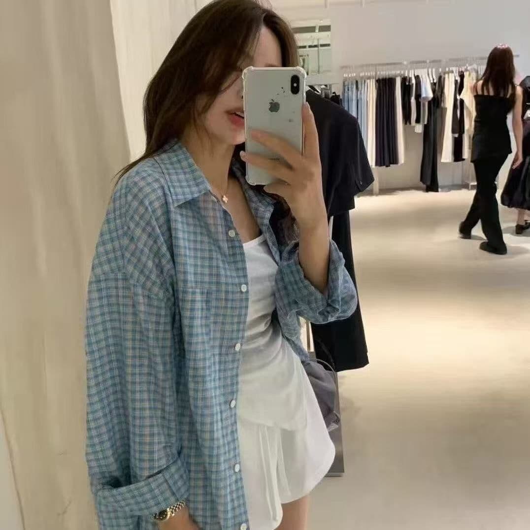 파란색 체크무늬 긴팔 셔츠 여름 새로운 루즈핏 셔츠 자외선 차단 재킷 오픈 가디건 캐주얼 맨위