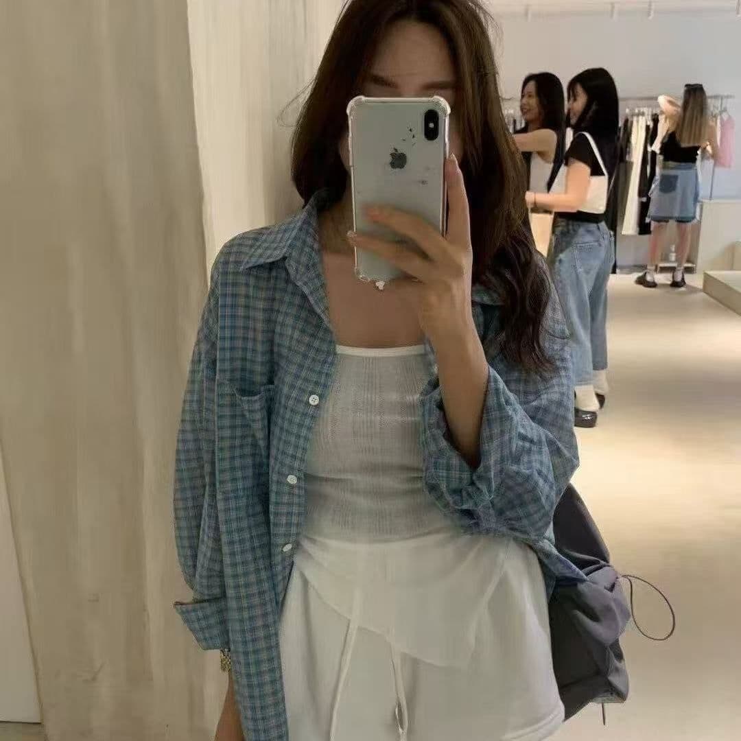 파란색 체크무늬 긴팔 셔츠 여름 새로운 루즈핏 셔츠 자외선 차단 재킷 오픈 가디건 캐주얼 맨위 이미지 2