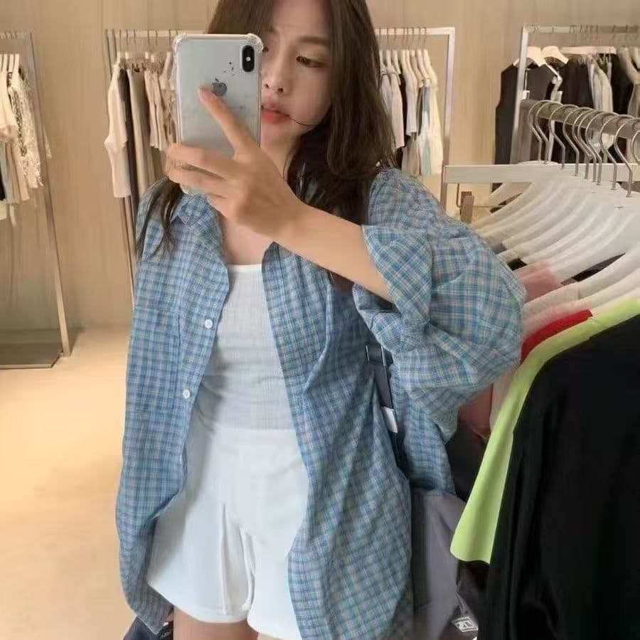 파란색 체크무늬 긴팔 셔츠 여름 새로운 루즈핏 셔츠 자외선 차단 재킷 오픈 가디건 캐주얼 맨위 이미지 3
