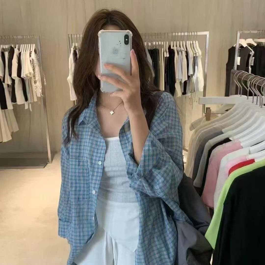 파란색 체크무늬 긴팔 셔츠 여름 새로운 루즈핏 셔츠 자외선 차단 재킷 오픈 가디건 캐주얼 맨위 상세 이미지 2