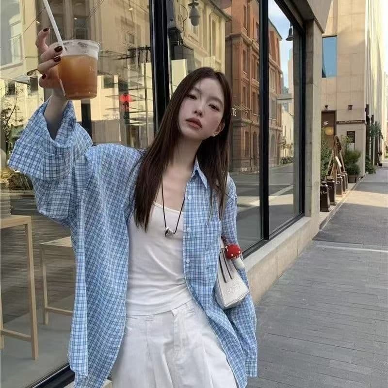 파란색 체크무늬 긴팔 셔츠 여름 새로운 루즈핏 셔츠 자외선 차단 재킷 오픈 가디건 캐주얼 맨위 상세 이미지 3